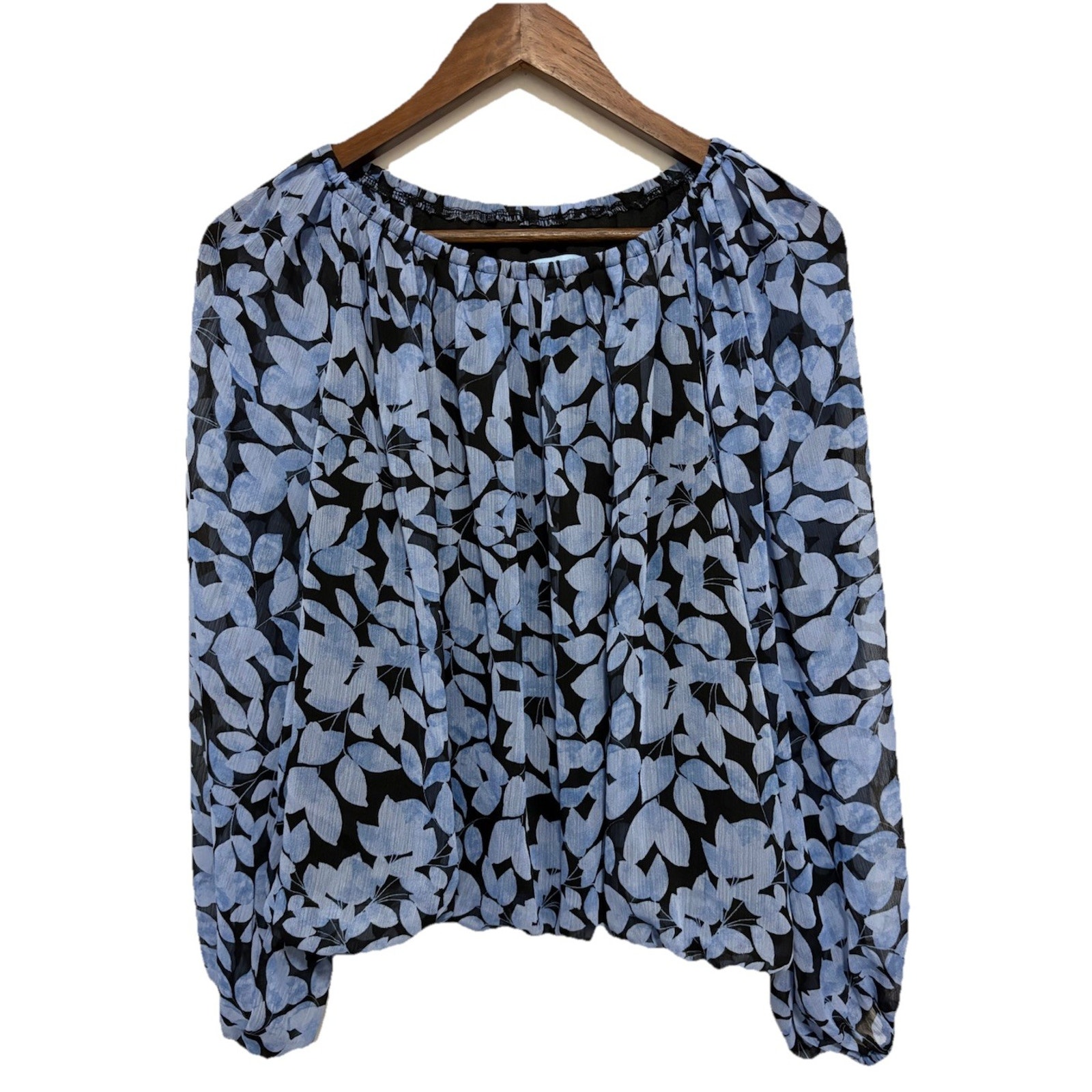 Cece Floral Peasant Blouse Large Blue Black Sheer Boho Balloon Sleeve Top